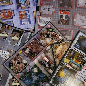 Themed CLUE game boards, various editions, various years, replacement or crafts