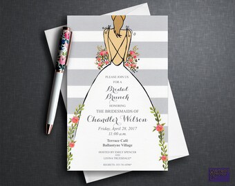 Bridal Invitation with Roses & Gray and White Bars - Bridal Brunch