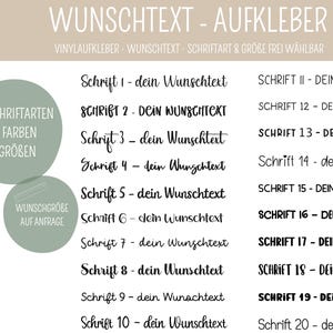 Könnte beinhalten: Eine Vinyl-Aufkleber-Übersicht mit zwanzig verschiedenen Schriftarten, beschriftet von Schrift 1 bis 20, jeweils mit dem Text 'dein Wunschtext'. Die Übersicht enthält Informationen zu 16 Farben, 3 Größen und geeigneten Oberflächen wie Glas, Fliesen, Möbel, Türen, Holz, Gips und Beton.