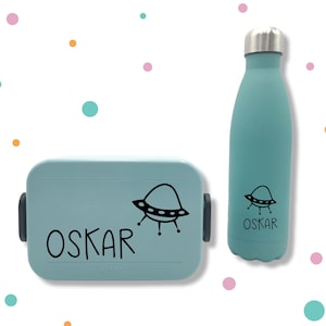 Aufkleber für Brotbox & Flasche * mit Namen und Ufo * Wunschfarbe *