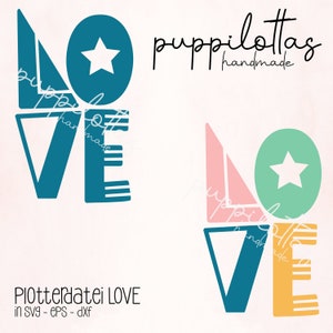 May include: Two versions of the word "LOVE" in geometric shapes. The first version is in teal blue, with a circle containing a white star. The second version is in teal blue, pink, and yellow, with a circle containing a white star.