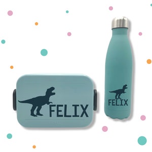 Aufkleber für Brotbox & Flasche * mit Namen und T- Rex * Wunschfarbe *
