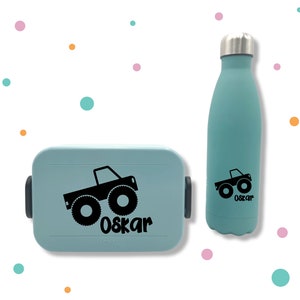 Aufkleber für Brotbox & Flasche * mit Namen und Monstertruck * Wunschfarbe *