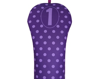 Women's Purple Polka Dots Golf Club Headcover w/ Corresponding Number for Driver, Fairway, Hybrid,  or Matching Towel. All Sold Separately