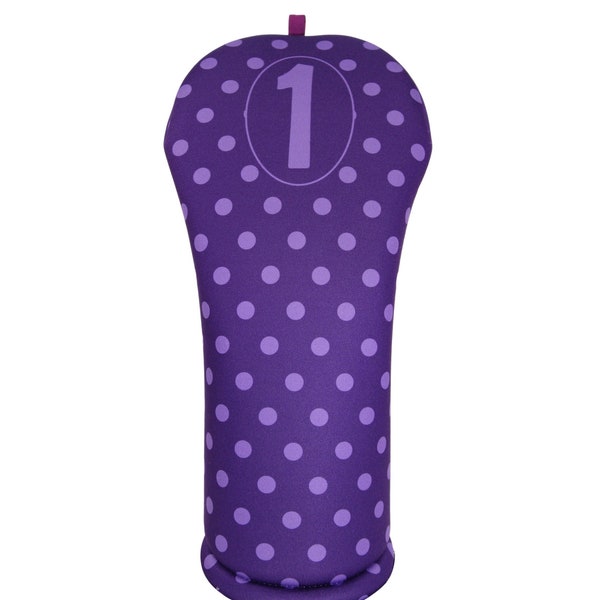 Women's Purple Polka Dots Golf Club Headcover w/ Corresponding Number for Driver, Fairway, Hybrid,  or Matching Towel. All Sold Separately