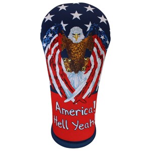 Puede incluir: Una funda para la cabeza de palo de golf roja, blanca y azul con un diseño de águila calva americana y el texto "America! Hell Yeah!"