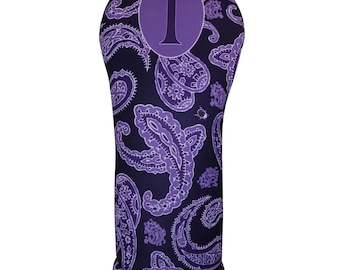 Women's Purple Paisley Golf Club Headcovers with Corresponding Numbers for Driver, Fairway, Hybrid or a Matching Towel. All Sold Separately