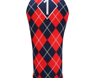 Women's Red & Navy Blue Argyle Club Headcover w/Corresponding Number for Driver, Fairway, Hybrid, or Matching Towel Sold Separately
