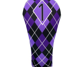 Women's Purple & Black Argyle Golf Club Headcover w/Corresponding Number for Driver, Fairway, Hybrid, or Matching Towel. All Sold Separately
