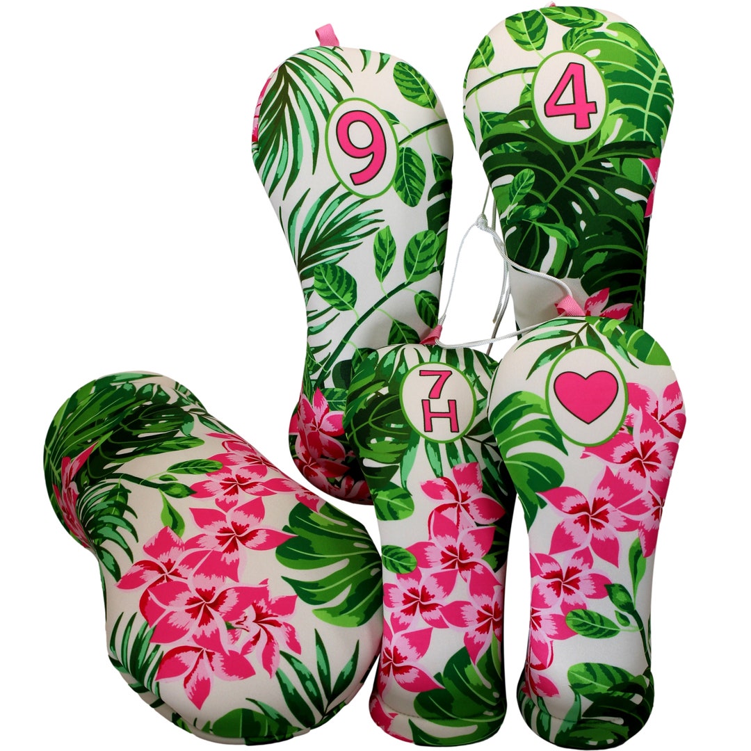 Hawaiian Hot Pink Flowers Golf Club Headcovers W/ Corresponding Number