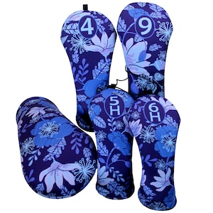 Navy Blue Hawaiian Flowers Club Headcover mit entsprechender Nummer für Fahrer, Fairway, Hybrid oder passendes Handtuch von BeeJo&#39;s separat erhältlich