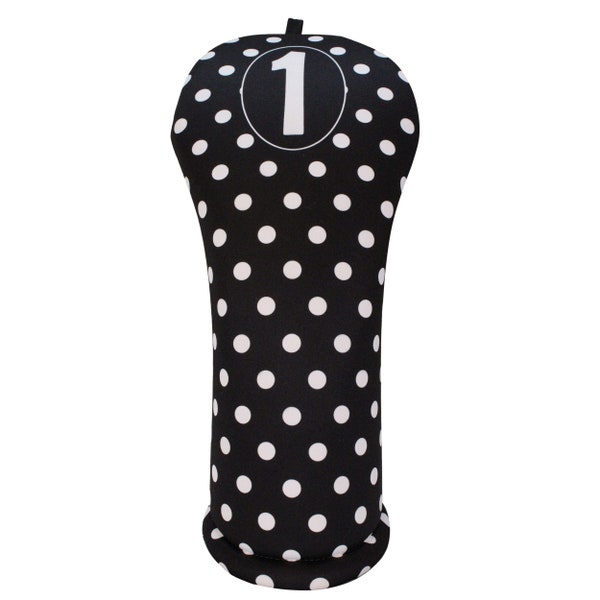 Black/White Polka Dots-Golf Club Headcovers w/ Corresponding Number for Driver, Fairway, Hybrid or Matching Towel. All Sold Separately