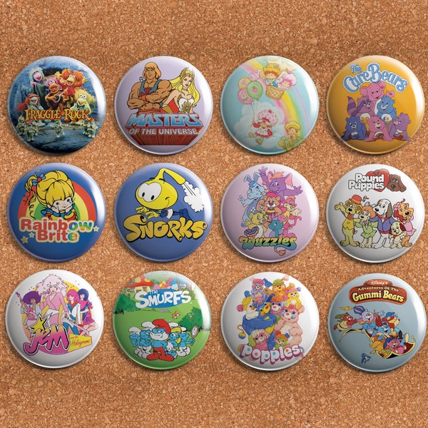 80s Retro Cartoon 1.75" Button or Magnet Set - Pinback - Nostalgia (Snorks, Care Bears, Jem, Wuzzles, Rainbow Brite, Strawberry Shortcake)