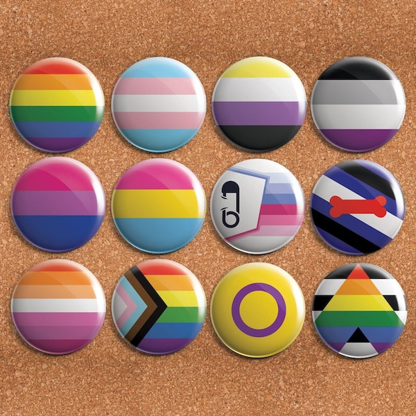 LGBTQ+ Pride Flags 1.75" Button or Magnet Set - Pinback - Inclusive (Gay, Lesbian, Transgender, Non-Binary, Ace, Pansexual, Progressive)
