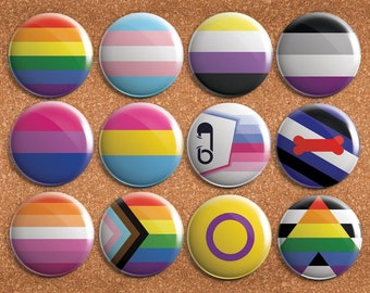 LGBTQ+ Pride Flags 1.75" Button or Magnet Set - Pinback - Inclusive (Gay, Lesbian, Transgender, Non-Binary, Ace, Pansexual, Progressive)