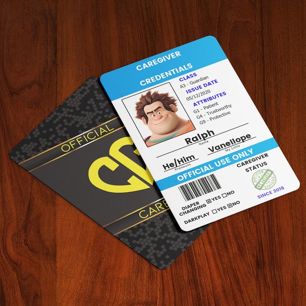 ABDL Caregiver Card - Custom Personalized ID Badge - - Customized Text, Graphic & Photo, Color Choice - - CR80 (Credit Card Size)