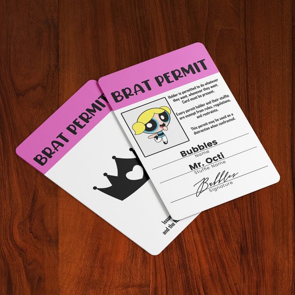 Brat Permit Card - Custom Personalized ID Badge - - Customized Text, Graphic & Photo, Color Choice - - CR80 (Credit Card Size)