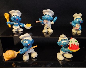 5 Greedy & Baker Smurfs - Smurf Village Figurine (Bread, Cake, Spoon, Chef) - Schleich Miniature PVC - Vintage Peyo Mini Figure Toy