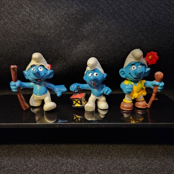 3 Wilderness Smurfs (Tracker, Watchman) - Smurf Village Figurine (20024 / 20041 / 20178) Schleich Miniature PVC - Vintage Peyo Mini Figure