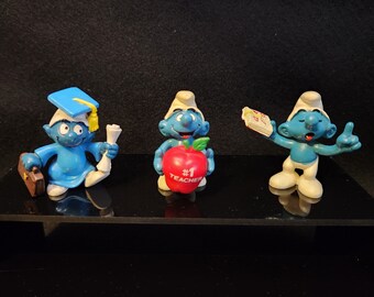 3 School Smurfs (20160/20130/20059) - Smurf Village Figurine (Apple, Teacher, Graduate) - Schleich Miniature PVC - Vintage Peyo Mini Figure