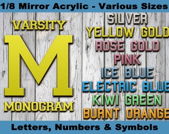 Varsity Monogram Lettering - Color Mirror Acrylic - Letter Number Symbol Shape Cutout - DIY Sign Insert - 1/8" Cast Acrylic - Various Sizes