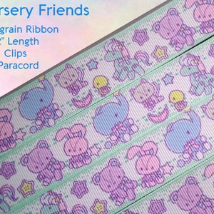 May include: Grosgrain ribbon with a repeating pattern of pastel colored animals, including a unicorn, elephant, bunny, cat, and bear. The ribbon is on a white background with green accents and stars. The text "Nursery Friends" is at the top of the image. The text "Grosgrain Ribbon 9" - 12" Length KAM Clips 550 Paracord" is below the image.