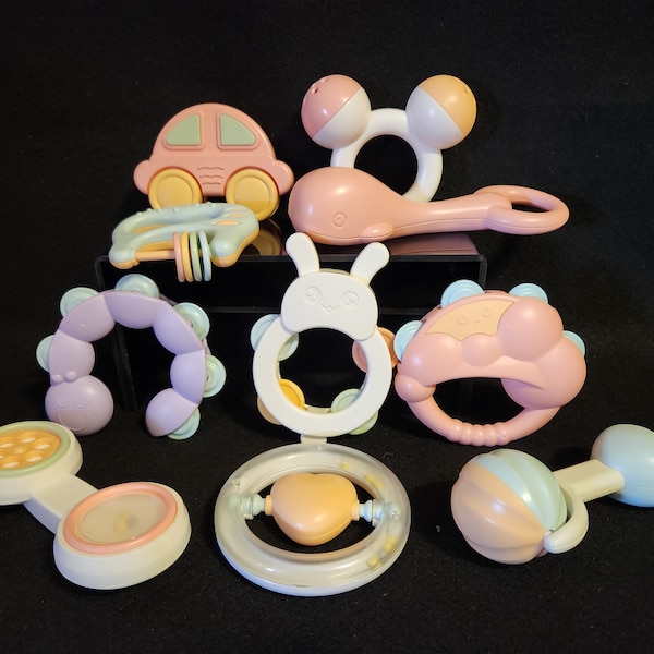 Pastel Rattle Grasp Infant Toys - 10 Piece Set - Vintage 1990s Nursery Decor -  Spin, Shake, Chime, Grab - Toddler Newborn Baby Playset