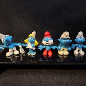 5 Village Smurfs (Papa, Grouchy, Poet) - Smurf Figurine (20001/20002/20022/20034/20157) Schleich Miniature PVC - Vintage Peyo Mini Figure