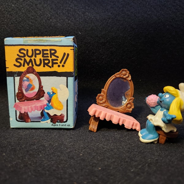 Super Smurf Vanity Table w/ Box - INCOMPLETE - - Schleich Miniature PVC Figure - Vintage Peyo Mini Doll Toy (6742 / 40234) - Smurfs