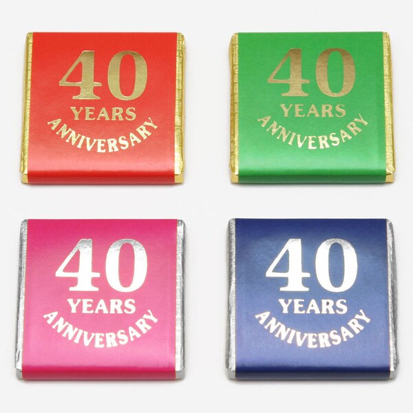 50pcs "40th Anniversary" Chocolate Neapolitans, Ruby Wedding Party Favours, Novelty Gift, 16 Colours, Foil Stamped, mini Milk, Dark