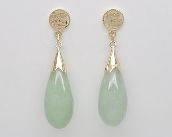Estate 14K Solid Gold Chinese Fu Good Fortune Luck Genuine Pale Green Jade Teardrop Pendulum Earrings 1-1/4" long 5.00 grams MH-7226