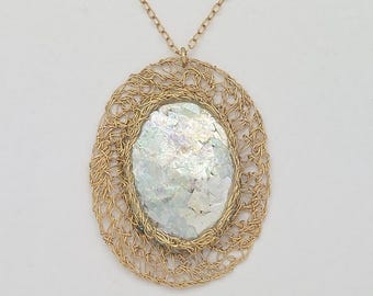 SMADAR SARID 14K Gold-Filled Oval Wirework Ancient Roman Glass Inlay Pendant on Cable Chain Necklace 22" long New with Original Tags MH-7234
