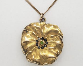 Broszka z późnego wiktoriańskiego secesji, antyczny medalion z motywem bratka, zdobiony złotym wypełnieniem i kamieniem pastowym, lata 1890–1900, na łańcuszku z wypełnieniem złotym, 20 cali, MH-6290