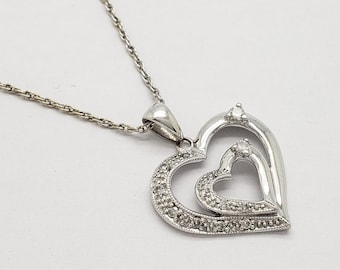 Vintage SIMON GOLUB & Sons Genuine Diamond 14K Solid White Gold Open Heart Pendant 7/8" on 14K Solid White Gold Chain Necklace 20" MH-6360