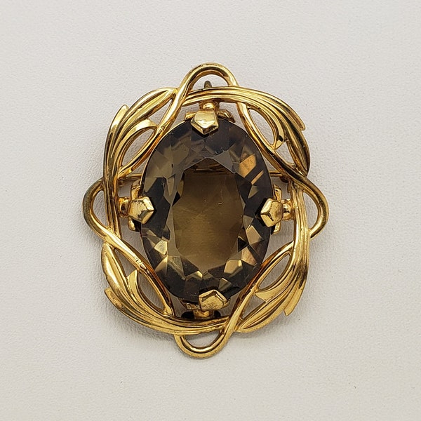 Early-Mid Century WINARD Oval Smokey Quartz Gold Filled Ornamental Pendant Brooch 1-5/8" long x 1-3/8" wide signed 2 WINARD 1/20-12K GF