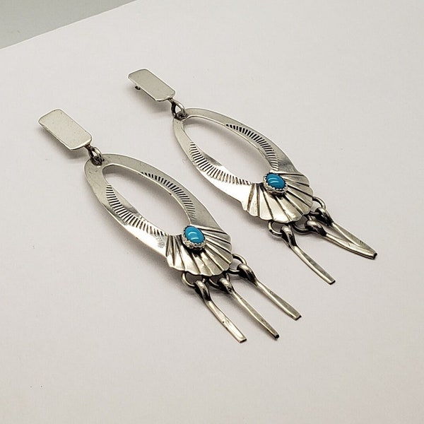 Vintage Southwestern Native American Navajo Style Solid Sterling Silver Scalloped Elongated Oval Turquoise Post Dangle Earrings 3" MH-5169