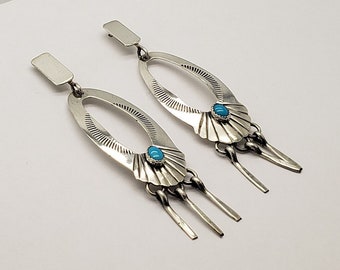 Vintage Southwestern Native American Navajo Style Solid Sterling Silver Scalloped Elongated Oval Turquoise Post Dangle Earrings 3" MH-5169