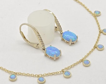 Estate Blue Lab Opal & White Cubic Zirconia Sterling Silver Gold Vermeil Lever Back Hook Earrings w/Opal Collar Necklace 18" long MH-7236