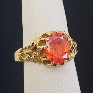 Estate 21K Solid Gold Genuine Orange Mexican Fire Opal Faceted Gemstone Ornamental Shank Ring 4.36 grams size 8-1/2 MH-5877