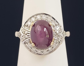 Vintage KHR Jewels Inc. 14K Solid Gold Genuine Plum Colored Ruby High Dome Cabochon Diamond Pave Halo Ring 4.12 grams size 5-1/4 MH-6043