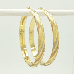 Vintage MILOR 14K Solid Italian Tri-Gold Large Round Hollow Hoop Earrings w/Latch Back Closures 2&quot; across x 1/4&quot; wide 5.05 grams MH-6022