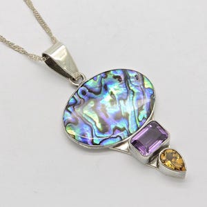 Vintage CHARLES ALBERT Fine 950 Sterling Silver Genuine Abalone Shell Amethyst & Citrine Pendant 3" w/Singapore Chain Necklace 24" Mh-7017