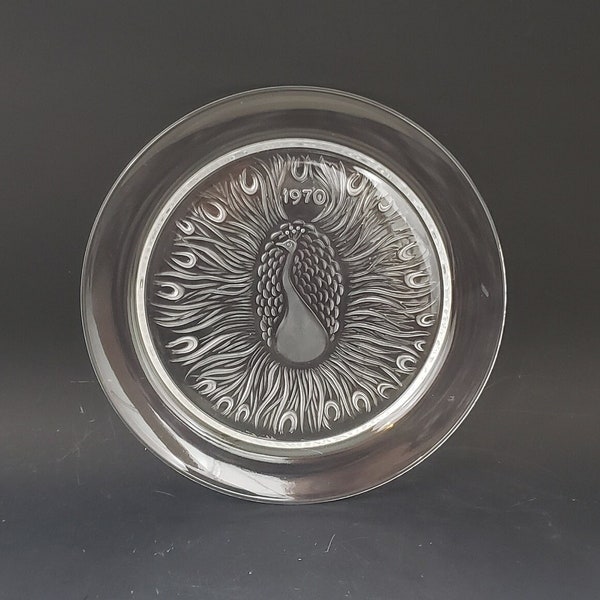 Estate Vintage LALIQUE Clear Crystal Paon Peacock Plate 8-3/8" round 1970 MH-619 M