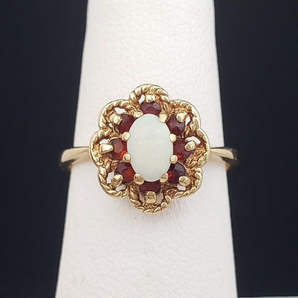 Estate 10K Solid Gold White Opal Garnet Halo Reverse Taper Shank Ring 2.5 grams size between 6-1/2 and 6-3/4 MH-4609 GR