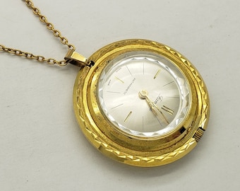 Estate Vintage FAMOUS Swiss-Made Gold-Plated Manual Wind Mechanical Watch Pendant 1-1/2" on Gold-Plated Chain Necklace 18" long MH-602 WP