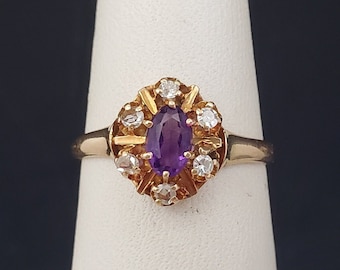 Estate Antique 14K Solid Gold Genuine Oval-cut Amethyst & Rose-cut Diamond Raised Setting Ring size 5-3/4 circa Early-Mid Century MH-2067GR