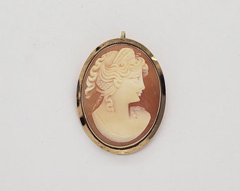 Antique 14K Solid Gold Classical Greek Goddess Persephone Roman Kore Cameo Brooch Pendant 1-7/16" long 3.3 grams ca. 1900s-1910s MH-5157