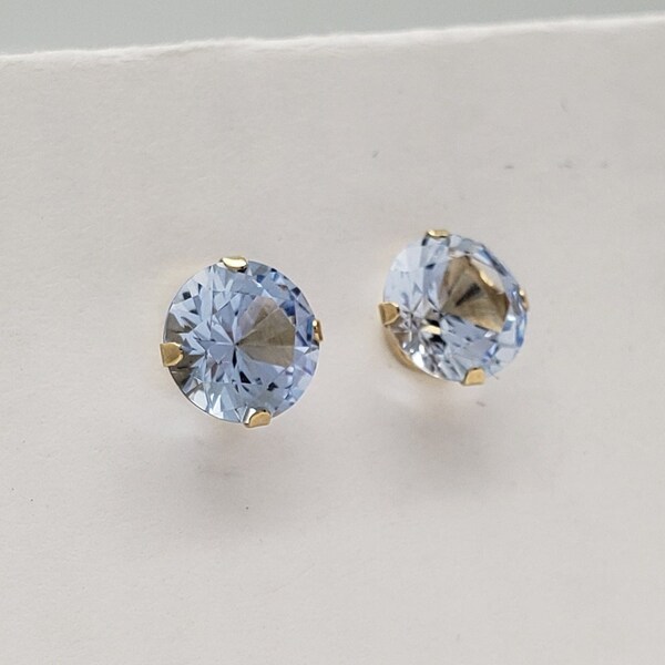 Vintage JCM 14K Solid Gold 6.15mm Round cut Light Blue Cubic Zirconia Stud Earrings by Jacmel Mauritus JACMEL Jewelry Inc. MH-4163 ge