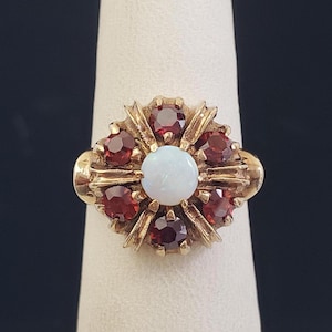 Antique 14K Solid Gold Genuine Opal & Red Garnet Halo Ring 4.15 grams size 5-1/2 circa 1930s-1940s MH-5896