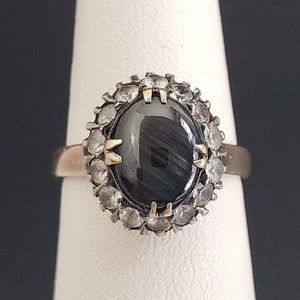 Estate 14K Solid Gold Genuine Chatoyant Black Sapphire & White Sapphire Halo Ring size 5-1/4 w/Raised Basket Setting Mid-Century MH-543GR